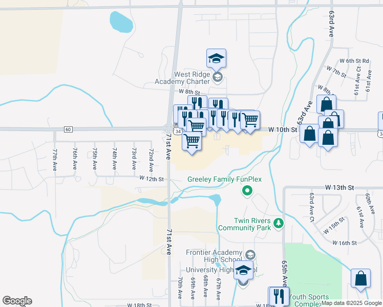 map of restaurants, bars, coffee shops, grocery stores, and more near 6922 West 10th Street in Greeley