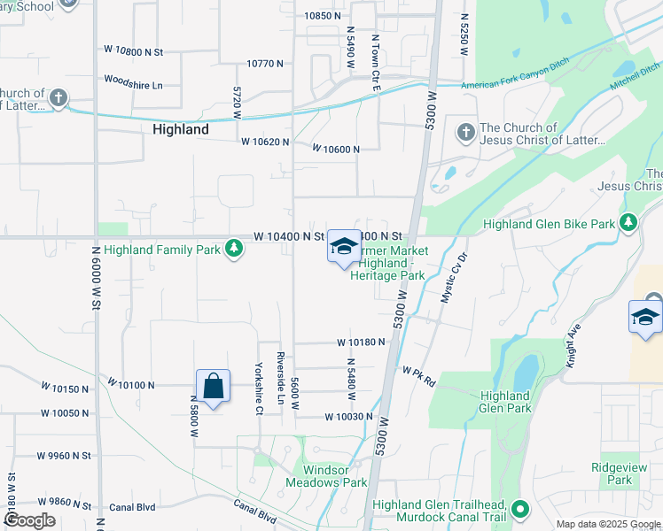 map of restaurants, bars, coffee shops, grocery stores, and more near 5525 West 10400 North Street in Highland