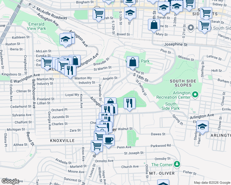 map of restaurants, bars, coffee shops, grocery stores, and more near 2629 South 18th Street in Pittsburgh
