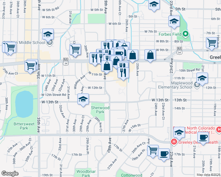 map of restaurants, bars, coffee shops, grocery stores, and more near 2718 West 11th Street Road in Greeley