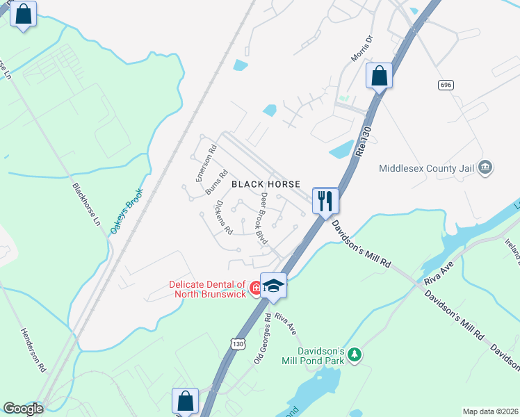 map of restaurants, bars, coffee shops, grocery stores, and more near in North Brunswick Township