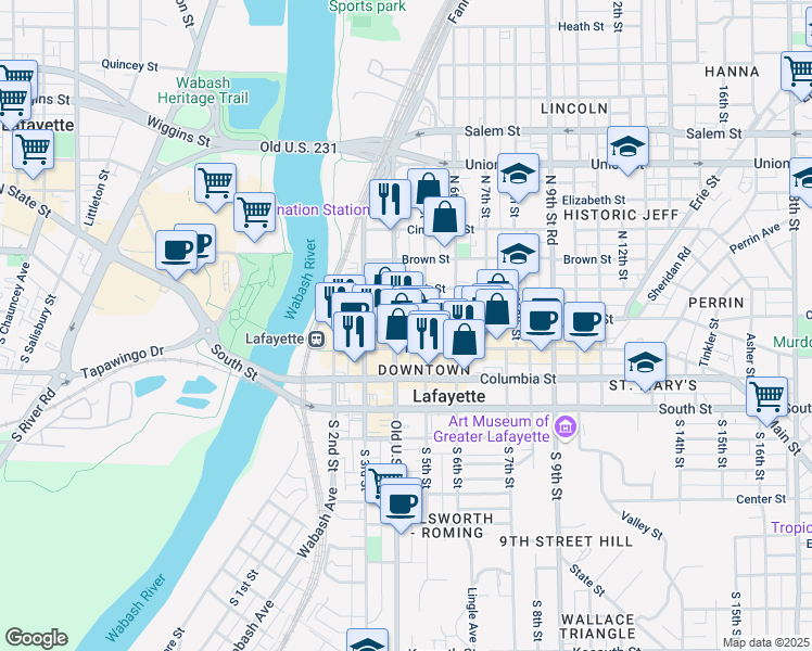 map of restaurants, bars, coffee shops, grocery stores, and more near 407 Ferry Street in Lafayette