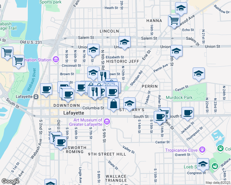 map of restaurants, bars, coffee shops, grocery stores, and more near 1015 Ferry Street in Lafayette