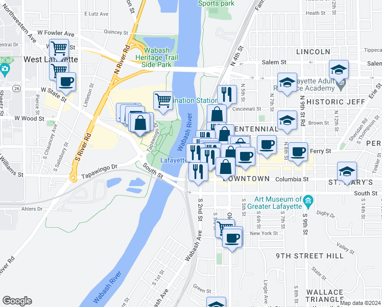 map of restaurants, bars, coffee shops, grocery stores, and more near 200 North 2nd Street in Lafayette