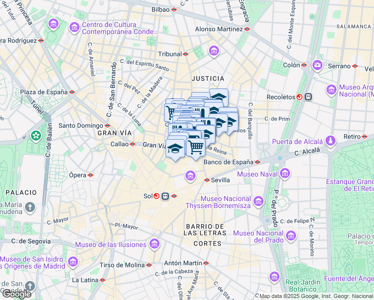 map of restaurants, bars, coffee shops, grocery stores, and more near 21 Calle Gran Vía in Madrid