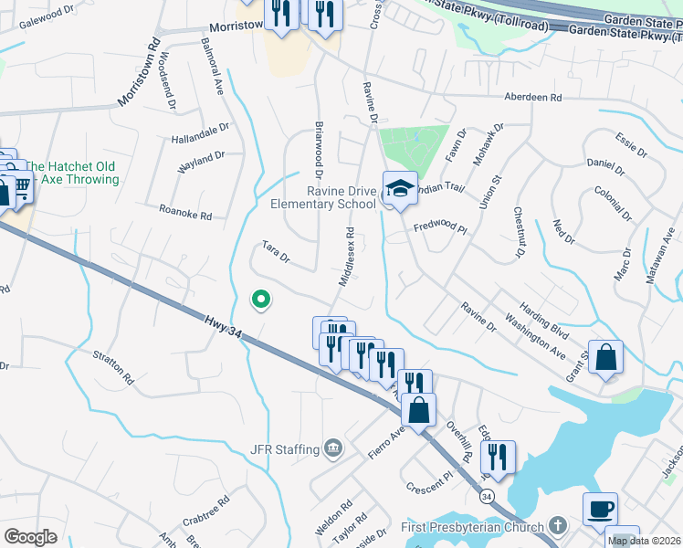 map of restaurants, bars, coffee shops, grocery stores, and more near Middlesex Road in Matawan