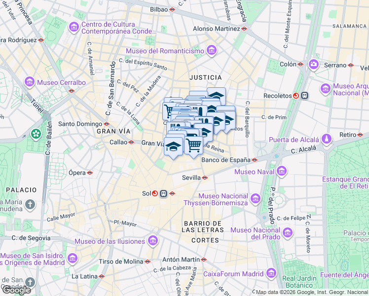 map of restaurants, bars, coffee shops, grocery stores, and more near 21 Calle Gran Vía in Madrid