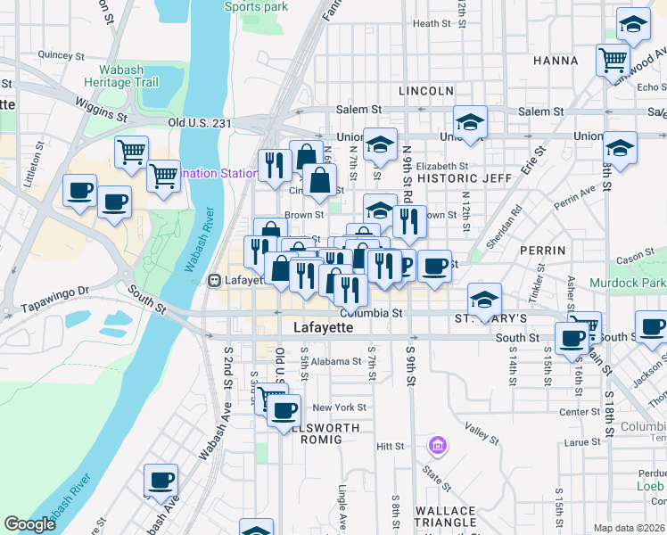 map of restaurants, bars, coffee shops, grocery stores, and more near 638 North Street in Lafayette