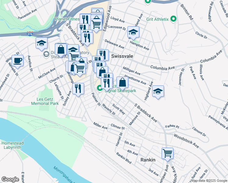 map of restaurants, bars, coffee shops, grocery stores, and more near 7564 Roslyn Street in Pittsburgh
