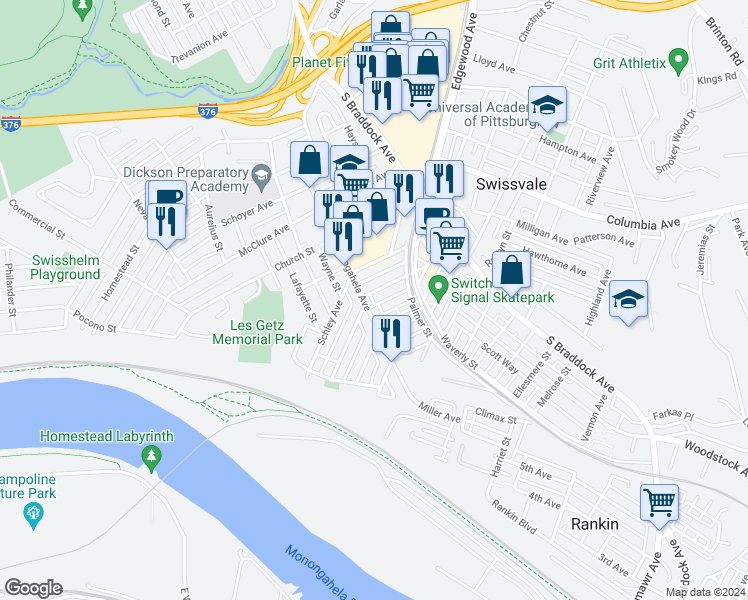 map of restaurants, bars, coffee shops, grocery stores, and more near 7421 Washington Avenue in Pittsburgh