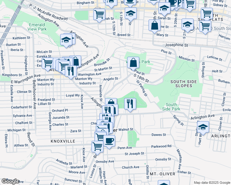 map of restaurants, bars, coffee shops, grocery stores, and more near 2629 South 18th Street in Pittsburgh