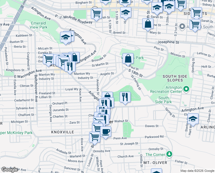 map of restaurants, bars, coffee shops, grocery stores, and more near 2629 South 18th Street in Pittsburgh