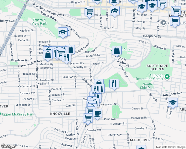map of restaurants, bars, coffee shops, grocery stores, and more near 38 Mount Oliver Street in Pittsburgh