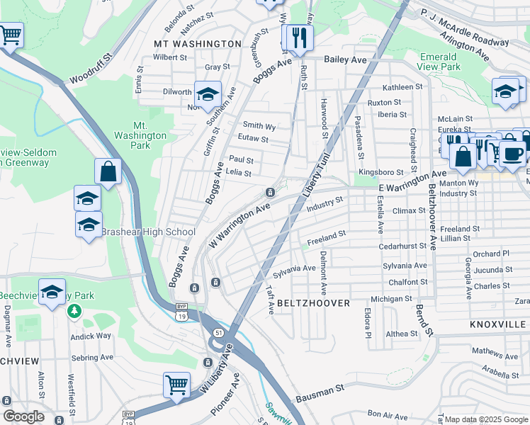 map of restaurants, bars, coffee shops, grocery stores, and more near 171 West Warrington Avenue in Pittsburgh