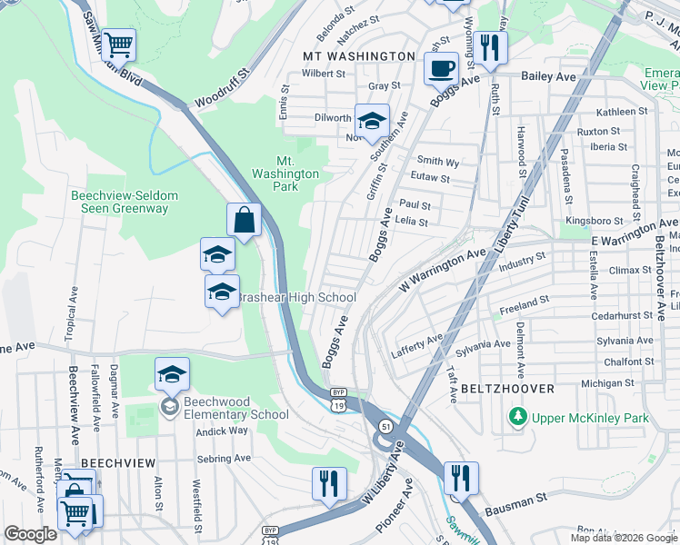 map of restaurants, bars, coffee shops, grocery stores, and more near 650 Southern Avenue in Pittsburgh