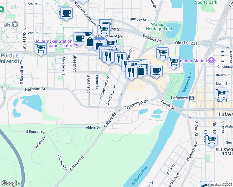 map of restaurants, bars, coffee shops, grocery stores, and more near 227 South Salisbury Street in West Lafayette