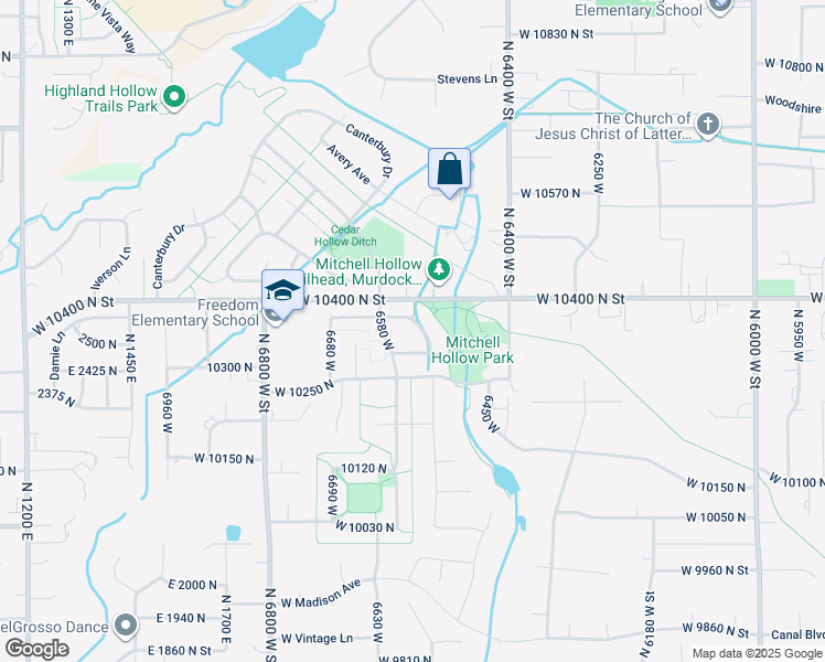 map of restaurants, bars, coffee shops, grocery stores, and more near 10361 North 6530 West in Highland