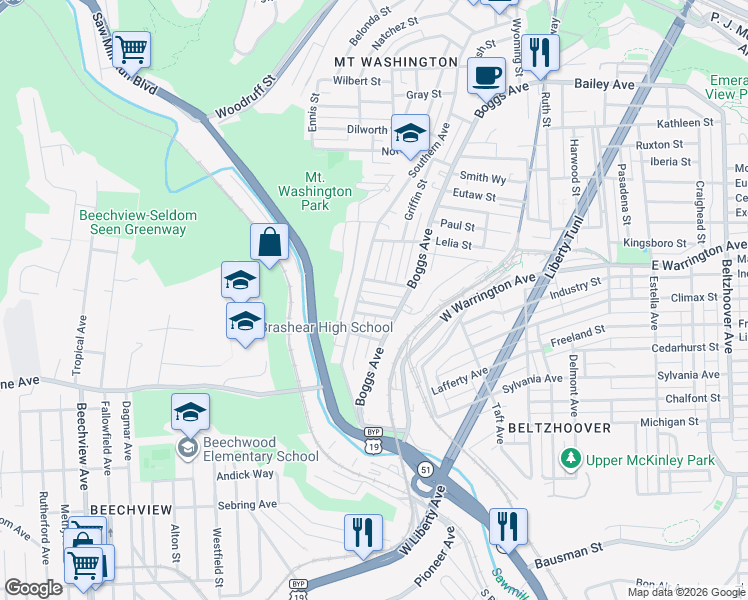 map of restaurants, bars, coffee shops, grocery stores, and more near 650 Southern Avenue in Pittsburgh