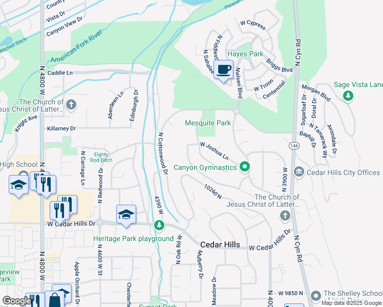 map of restaurants, bars, coffee shops, grocery stores, and more near 10346 North Sandalwood Drive in Cedar Hills