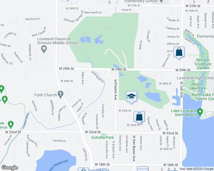 map of restaurants, bars, coffee shops, grocery stores, and more near 2737 Crestview Court in Loveland