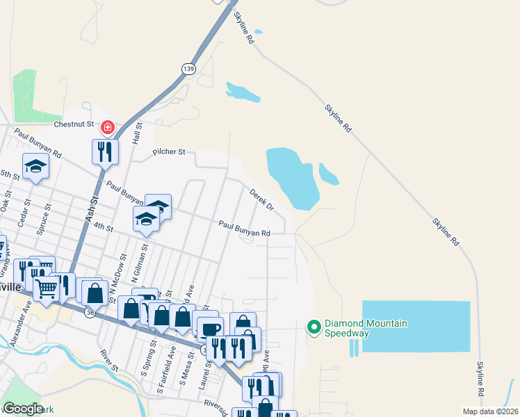 map of restaurants, bars, coffee shops, grocery stores, and more near 125 Derek Drive in Susanville