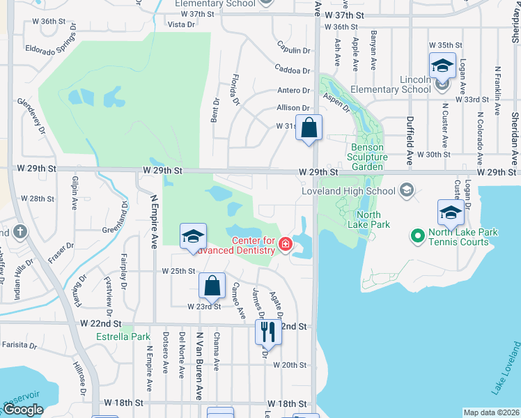 map of restaurants, bars, coffee shops, grocery stores, and more near 1550 West 28th Street in Loveland