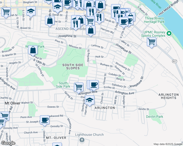 map of restaurants, bars, coffee shops, grocery stores, and more near 2315 Berg Street in Pittsburgh