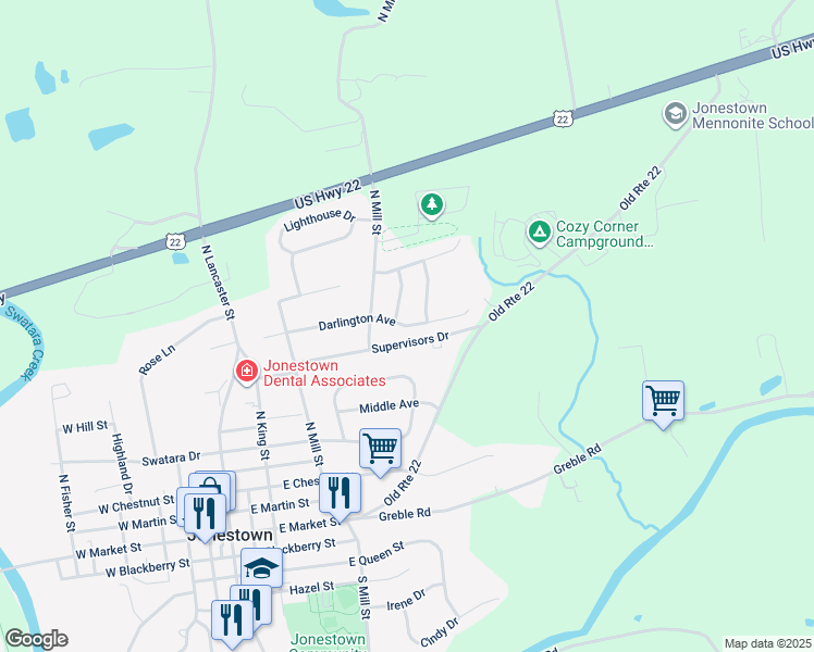 map of restaurants, bars, coffee shops, grocery stores, and more near 509 Darlington Avenue in Jonestown