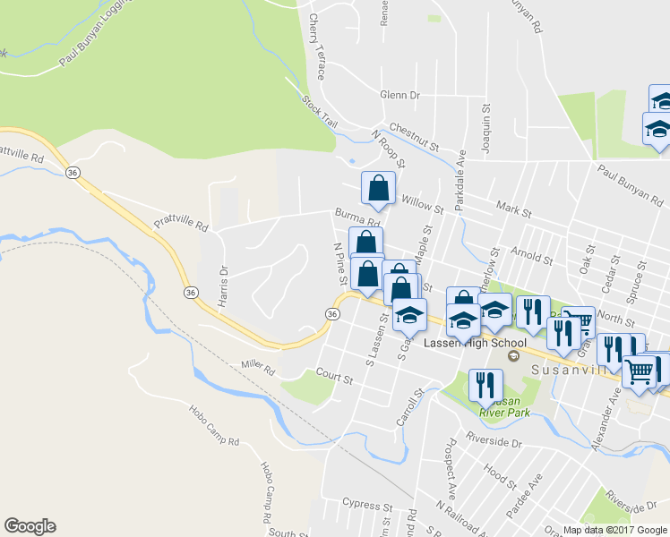 map of restaurants, bars, coffee shops, grocery stores, and more near 60 North Pine Street in Susanville