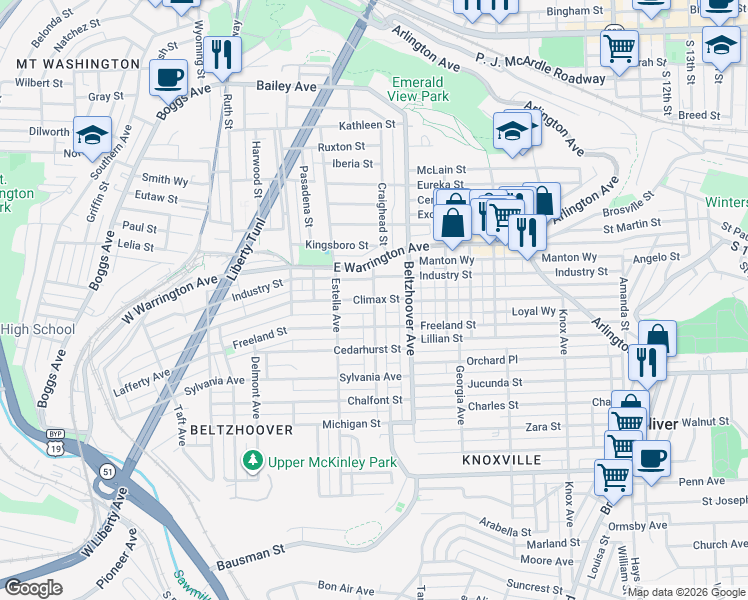map of restaurants, bars, coffee shops, grocery stores, and more near Climax Street in Pittsburgh