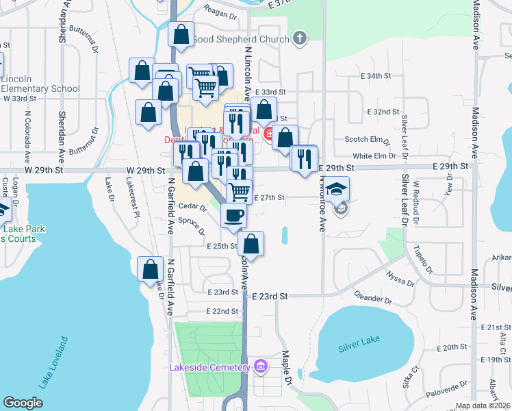 map of restaurants, bars, coffee shops, grocery stores, and more near 345 East 27th Street in Loveland