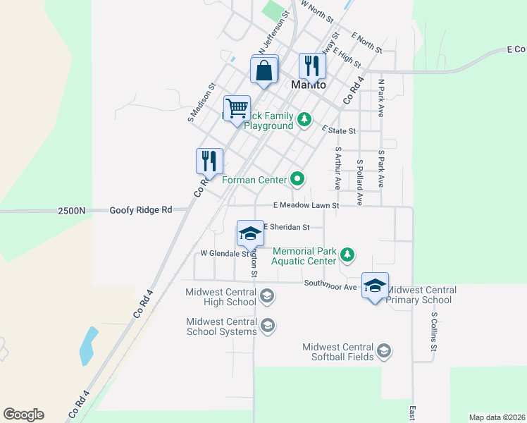 map of restaurants, bars, coffee shops, grocery stores, and more near 500-598 South Washington Street in Manito