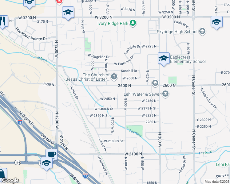 map of restaurants, bars, coffee shops, grocery stores, and more near 715 2600 North in Lehi