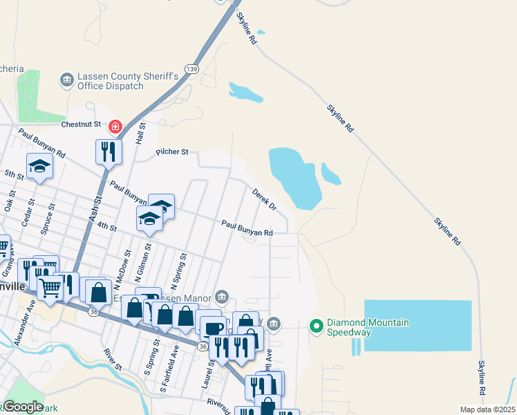map of restaurants, bars, coffee shops, grocery stores, and more near 575 North Mesa Street in Susanville