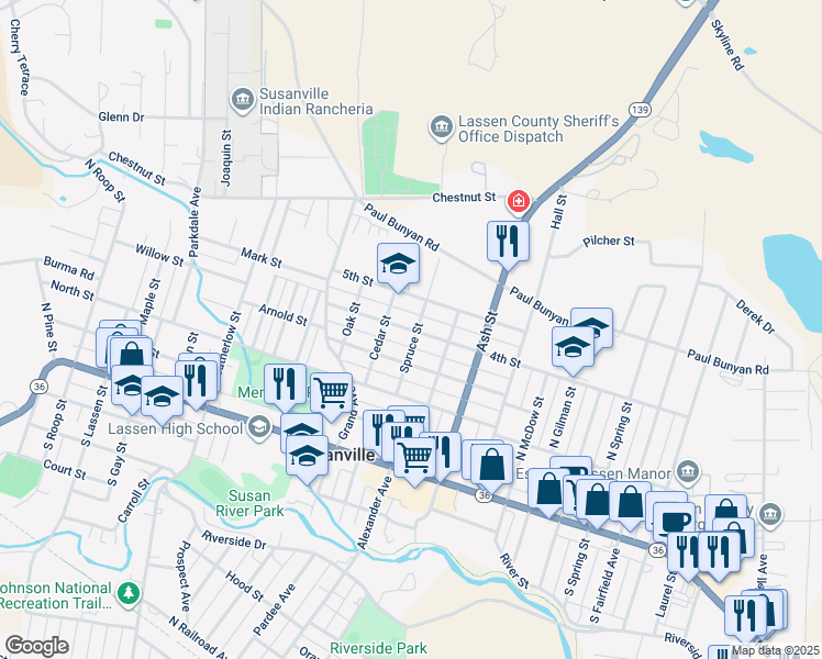 map of restaurants, bars, coffee shops, grocery stores, and more near in Susanville