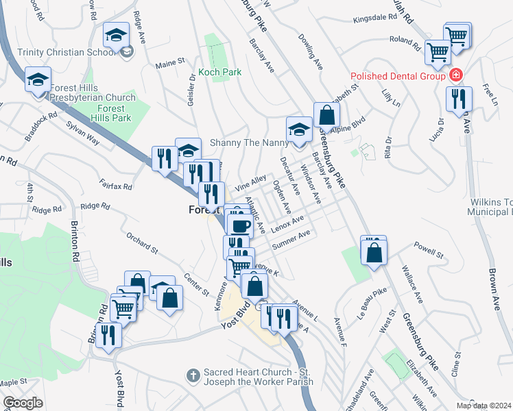 map of restaurants, bars, coffee shops, grocery stores, and more near 200 Marion Avenue in Pittsburgh