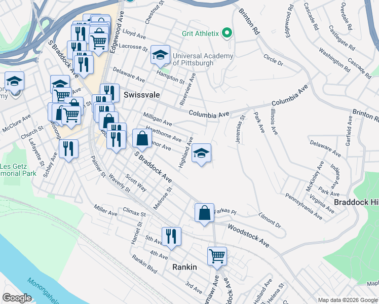 map of restaurants, bars, coffee shops, grocery stores, and more near 2324 Hawthorne Avenue in Pittsburgh