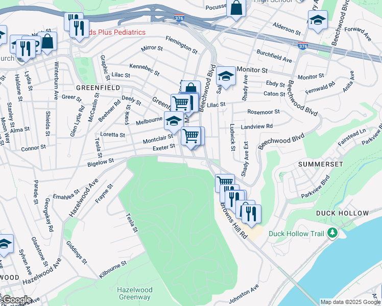 map of restaurants, bars, coffee shops, grocery stores, and more near in Pittsburgh