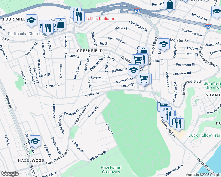 map of restaurants, bars, coffee shops, grocery stores, and more near 667 Montclair Street in Pittsburgh