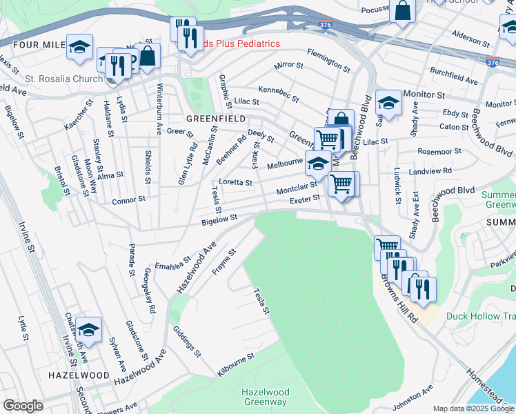 map of restaurants, bars, coffee shops, grocery stores, and more near 667 Montclair Street in Pittsburgh