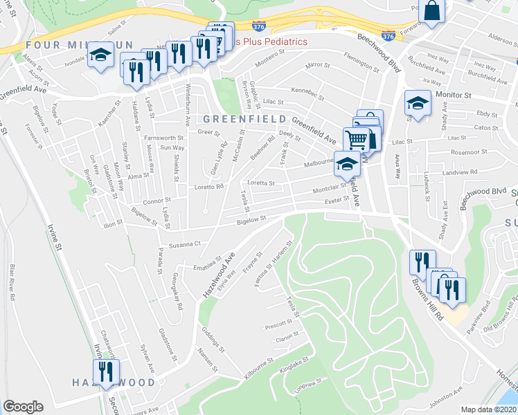map of restaurants, bars, coffee shops, grocery stores, and more near 629 Montclair Street in Pittsburgh