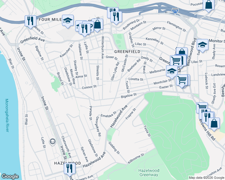 map of restaurants, bars, coffee shops, grocery stores, and more near 4326 Mc Caslin Street in Pittsburgh