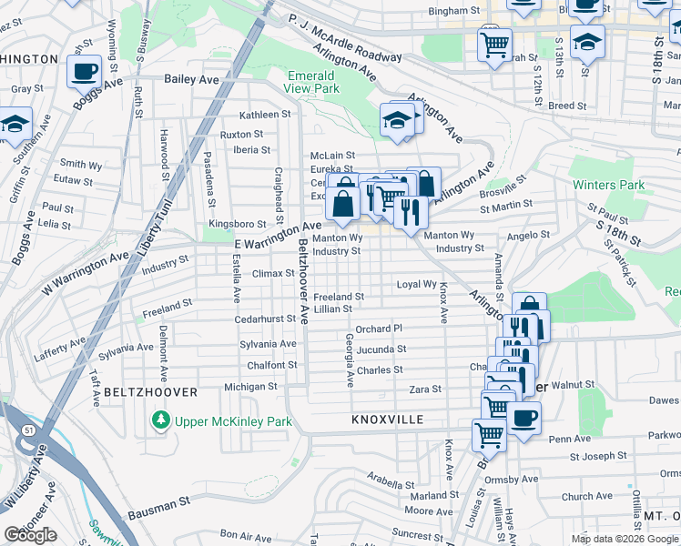 map of restaurants, bars, coffee shops, grocery stores, and more near 210 Walter Street in Pittsburgh