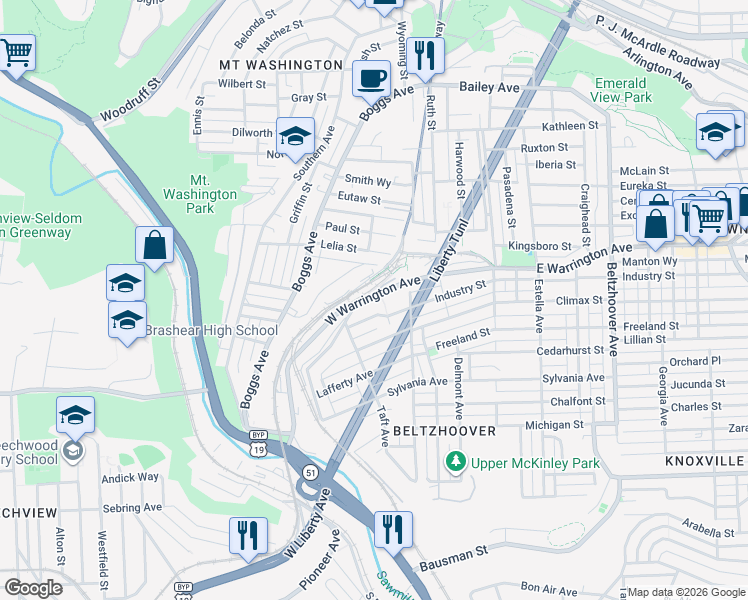map of restaurants, bars, coffee shops, grocery stores, and more near in Pittsburgh