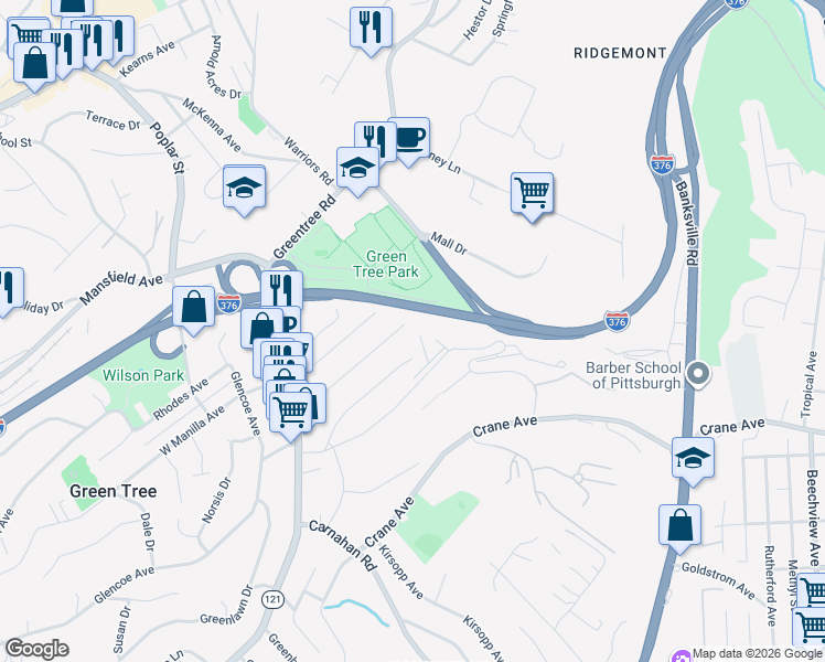 map of restaurants, bars, coffee shops, grocery stores, and more near 157 Oakville Drive in Pittsburgh