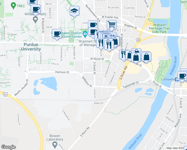 map of restaurants, bars, coffee shops, grocery stores, and more near 242 South Grant Street in West Lafayette