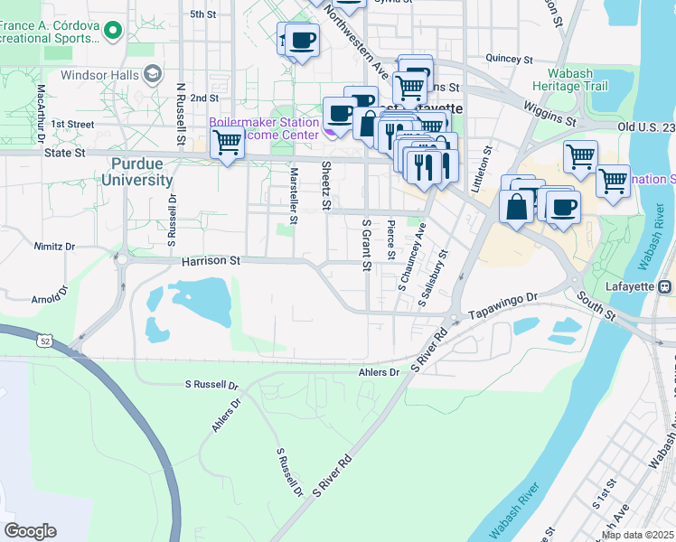 map of restaurants, bars, coffee shops, grocery stores, and more near 422 Harrison Street in West Lafayette