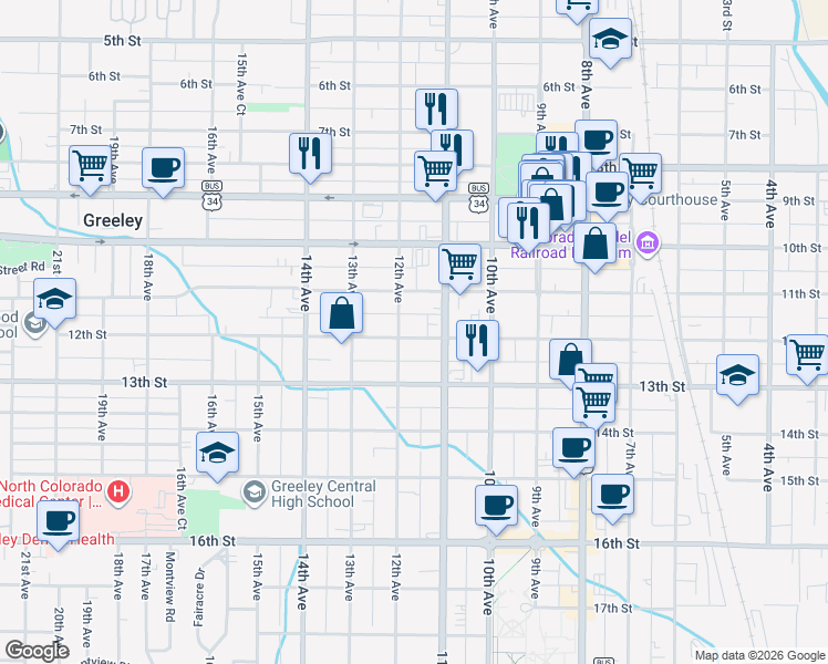 map of restaurants, bars, coffee shops, grocery stores, and more near 1117 11th Avenue in Greeley