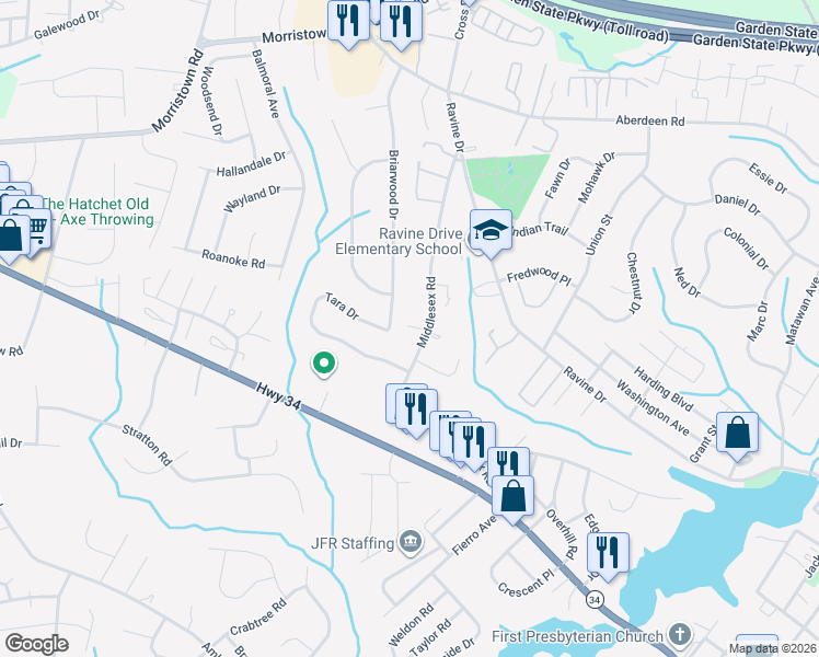 map of restaurants, bars, coffee shops, grocery stores, and more near 50 Briarwood Drive in Matawan