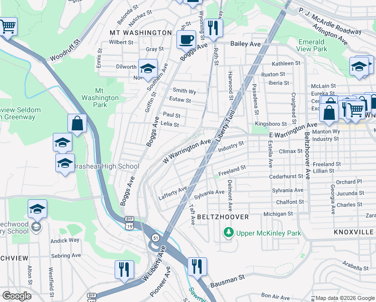 map of restaurants, bars, coffee shops, grocery stores, and more near in Pittsburgh